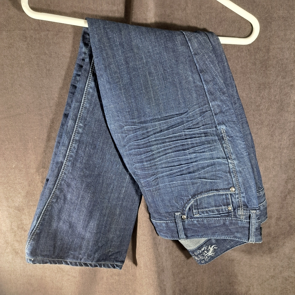 Express Jeans Low Rise Dark Wash Creased Denim Blue Jeans 5 Pockets G 8